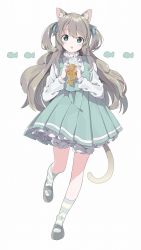 Rule 34 | 1girl, :o, animal ear fluff, animal ears, bloomers, blush, brown hair, cat ears, cat girl, cat tail, center frills, commentary, dress, fang, food, frills, green dress, green eyes, green ribbon, grey footwear, hair ribbon, highres, holding, holding food, kneehighs, long hair, long sleeves, original, parted lips, pleated dress, ribbon, shirt, shoes, simple background, sleeveless, sleeveless dress, socks, solo, standing, standing on one leg, striped clothes, striped socks, symbol-only commentary, tail, taiyaki, tantan men (dragon), two side up, underwear, very long hair, wagashi, white background, white bloomers, white shirt