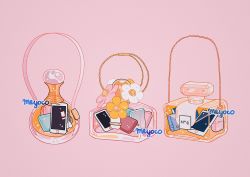Rule 34 | 1girl, artist name, bad id, bad twitter id, bottle, earbuds, earphones, flower, label, meyoco, no humans, original, perfume bottle, pink background, pink flower, simple background, solo, sparkle, strap, transparent, white flower, yellow flower