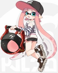 Rule 34 | 1girl, :d, bad id, bad twitter id, baseball cap, black hat, black shorts, blue eyes, blunt bangs, blush, brown footwear, bucket, dolphin shorts, ear blush, hat, holding, holding bucket, inkling, inkling (language), inkling girl, inkling player character, long hair, long sleeves, looking at viewer, maco spl, nintendo, open mouth, pointy ears, shirt, shoes, short shorts, shorts, slosher (splatoon), smile, sneakers, solo, splatoon (series), splatoon 2, striped clothes, striped shirt, suction cups, tentacle hair, very long hair, white shirt