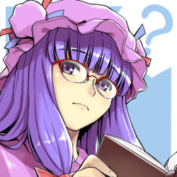 Rule 34 | 1girl, ?, bad id, bad pixiv id, bespectacled, book, female focus, glasses, hat, holding, holding book, open book, patchouli knowledge, portrait, purple eyes, purple hair, reading, shiba itsuki, solo, touhou