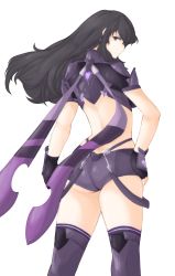 Rule 34 | 1girl, alternate color, ass, ayra (fire emblem), back, backless outfit, black hair, breasts, butt crack, closed mouth, cosplay, curvy, fingerless gloves, fire emblem, fire emblem: genealogy of the holy war, fire emblem heroes, frown, gloves, hair between eyes, hand on own hip, highres, large breasts, long hair, looking at viewer, looking back, nintendo, purple eyes, pyra (xenoblade) (cosplay), short shorts, shorts, solo, strap, suspenders, suspenders hanging, thick thighs, thighhighs, thighs, transparent background, tridisart, wide hips, xenoblade chronicles (series), xenoblade chronicles 2