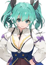 Rule 34 | 1girl, aqua hair, artist name, assault lily, belt, between breasts, black necktie, black ribbon, blue eyes, blue skirt, bow, breasts, brown belt, cleavage, closed mouth, collared shirt, commentary request, frilled shirt, frills, hair between eyes, hair ribbon, hands on own hips, high-waist skirt, large breasts, long sleeves, looking at viewer, medium breasts, nauribon, necktie, necktie between breasts, odaiba girls high school uniform, purple bow, ribbon, school uniform, shirt, simple background, skirt, sleeve bow, smile, solo, standing, suzuki chinami, twintails, upper body, v-shaped eyebrows, white background