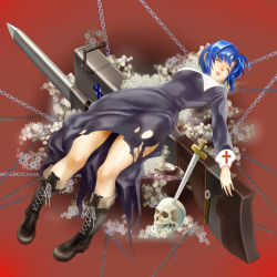 Rule 34 | 00s, 1girl, blue hair, chain, ciel (tsukihime), daisy, closed eyes, flower, habit, highres, miruhito (sakiomiruhito), pile bunker, seventh holy scripture, short hair, skull, solo, torn clothes, tsukihime