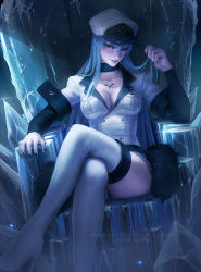 1girl akame_ga_kill! black_nails blue_eyes blue_hair boots breasts choker cleavage crossed_legs esdeath female_focus frost hair_between_eyes hat high_heels highres holding holding_own_hair ice large_breasts long_hair looking_at_viewer military military_uniform nail_polish parted_lips peaked_cap pinup_(style) sitting smile solo tattoo thigh_boots thighhighs thighs throne very_long_hair zarory