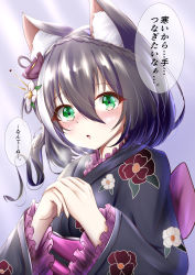 Rule 34 | 1girl, :o, absurdres, animal ear fluff, animal ears, back bow, black hair, blush, bow, breasts, cat ears, cat girl, floral print, flower, green eyes, hair between eyes, hair flower, hair ornament, hand grab, hands up, highres, japanese clothes, karyl (new year) (princess connect!), karyl (princess connect!), long hair, looking at viewer, multicolored hair, new year, parted lips, princess connect!, purple bow, purple flower, small breasts, solo, streaked hair, takemura kou, translation request, white flower, white hair