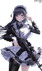 Rule 34 | 1girl, absurdres, alternate costume, apron, assault rifle, black choker, black hair, choker, closed mouth, collared shirt, commentary request, cowboy shot, daewoo k2, dated, dong hawn, dress, enmaided, frilled dress, frills, gun, hand up, highres, holding, holding microphone, holding weapon, korean commentary, lilpa, long hair, looking at viewer, maid, maid apron, maid headdress, microphone, rifle, shirt, simple background, single thighhigh, solo, standing, swept bangs, thighhighs, two-tone dress, virtual youtuber, waktaverse, weapon, white apron, white background