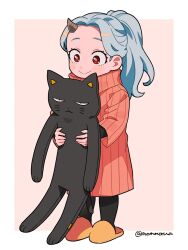 Rule 34 | 1girl, boku no hero academia, cat, closed mouth, eri (boku no hero academia), full body, grey hair, highres, holding, horns, long hair, long sleeves, mommorua, orange sweater, ponytail, red eyes, single horn, slippers, smile, solo, standing, sweater