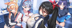 Rule 34 | 4girls, absurdres, ako (blue archive), anger vein, animal ear fluff, animal ears, arm hug, black choker, black hair, black shirt, blue archive, blue buruma, blue eyes, blue hair, blue jacket, blush, breast press, breasts, buruma, choker, cleavage, closed eyes, closed mouth, flower, gym shirt, gym uniform, hair between eyes, hair flower, hair ornament, hairband, halo, hasumi (blue archive), hasumi (track) (blue archive), headband, hido (cherryhido), highres, huge breasts, id card, indoors, jacket, lanyard, large breasts, long hair, long sleeves, mari (blue archive), mari (track) (blue archive), multicolored clothes, multicolored jacket, multiple girls, official alternate costume, one eye closed, open mouth, orange hair, parted bangs, partially unzipped, ponytail, purple hair, red eyes, red hairband, see-through, see-through shirt, shirt, short sleeves, standing, star sticker, sticker on face, sweat, symmetrical docking, track jacket, two-tone jacket, white flower, white headband, white shirt, yellow halo, yuuka (blue archive), yuuka (track) (blue archive)