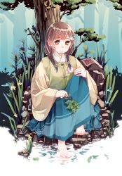 Rule 34 | 1girl, bad id, bad pixiv id, barefoot, braid, brown eyes, brown hair, hair ornament, hair over shoulder, hairclip, highres, japanese clothes, long hair, mole, mole under eye, original, pvmivs, sitting, skirt, smile, soaking feet, solo, tree, twin braids, twintails, water