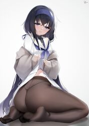 Rule 34 | 1girl, absurdres, ass, black hair, black panties, black pantyhose, black undershirt, blue archive, blue hairband, blue neckerchief, blush, brown cardigan, cardigan, clothes lift, commentary request, crossed bangs, feet, hair between eyes, hairband, highleg, highleg panties, highres, jewelry, legs, lifting own clothes, long hair, long skirt, long sleeves, looking at viewer, low twintails, neckerchief, necklace, no halo, no shoes, open mouth, panties, pantyhose, sailor collar, school uniform, serafuku, simple background, skirt, skirt lift, soles, solo, thighs, toes, twintails, ui (blue archive), underwear, very long hair, white background, white sailor collar, white serafuku, white skirt, yanwulazy