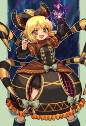 Rule 34 | 1girl, adapted costume, arthropod limbs, black bow, black dress, blonde hair, blush, bow, brown eyes, dress, extra legs, feet out of frame, hair bow, highres, howhow notei, kurodani yamame, long sleeves, looking at viewer, open mouth, ponytail, short hair, solo, touhou, turtleneck, v-shaped eyebrows