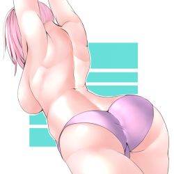 Rule 34 | 1girl, alternate costume, arms up, ass, back, bare back, breasts, dutch angle, fate/grand order, fate (series), from behind, highres, large breasts, lavender panties, mash kyrielight, pink hair, short hair, sideboob, solo, therrao, topless, underwear, underwear only