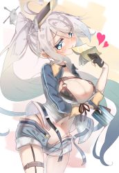 Rule 34 | 1girl, ahoge, azur lane, bare shoulders, bikini, bikini under clothes, black bikini, blue eyes, blush, breast hold, breasts, bridal garter, cleavage, colored eyelashes, commentary request, cowboy shot, denim, denim shorts, eip (pepai), fingerless gloves, from side, gloves, groin, hair ornament, heart, heart-shaped pupils, heart ahoge, highleg, highleg bikini, large breasts, long hair, looking at viewer, mouth hold, nose blush, portland (azur lane), remodel (azur lane), shorts, side ponytail, smile, solo, swimsuit, symbol-shaped pupils, unzipped, very long hair