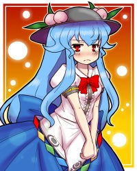 Rule 34 | 1girl, :c, blue hair, blush, bow, eruru (erl), food, framed, fruit, hat, highres, hinanawi tenshi, lights, long hair, looking at viewer, outside border, peach, puffy sleeves, red eyes, shirt, short sleeves, skirt, solo, tears, touhou, v arms, very long hair
