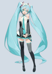 Rule 34 | 1girl, :d, aqua eyes, aqua hair, aqua nails, aqua necktie, black footwear, black skirt, black sleeves, collared shirt, detached sleeves, fang, full body, grey background, grey shirt, hair between eyes, hair ornament, hatsune miku, head tilt, headset, highres, interlocked fingers, long hair, looking at viewer, nail polish, necktie, number tattoo, open mouth, own hands together, pleated skirt, rsk (tbhono), shirt, simple background, skindentation, skirt, sleeveless, sleeveless shirt, smile, solo, tattoo, teeth, thighhighs, twintails, upper teeth only, very long hair, vocaloid