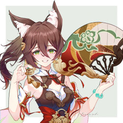 Rule 34 | 1girl, animal ear fluff, animal ears, bare shoulders, border, bracelet, breasts, brown hair, brown shirt, cleavage, cleavage cutout, clothing cutout, folding fan, fox ears, fox girl, green eyes, grey background, hair between eyes, hair ornament, hand fan, highres, holding, holding fan, honkai: star rail, honkai (series), jewelry, long hair, looking at viewer, outside border, shirt, signature, simple background, small breasts, smile, solo, tamagoyaki muimui, tingyun (honkai: star rail), upper body, white border