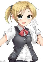 Rule 34 | 10s, 1girl, :d, blonde hair, blouse, gloves, grey eyes, kantai collection, looking at viewer, maikaze (kancolle), nayuhi (yukimuu14), open mouth, parted bangs, ponytail, red ribbon, ribbon, school uniform, shirt, short hair, short sleeves, simple background, smile, solo, twitter username, vest, white background, white gloves, white shirt