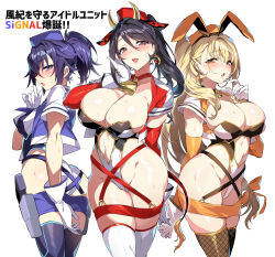 Rule 34 | 3girls, animal ears, arm at side, ass, black hair, black thighhighs, blonde hair, blue eyes, blue hair, blue jacket, blush, breasts, choker, clothing cutout, cow ears, cow horns, cowboy shot, cropped jacket, detached sleeves, earrings, fake animal ears, garrison cap, gloves, hand up, hat, highleg, highleg leotard, highres, hip strap, holster, horns, jacket, jewelry, kanade haruka, lapels, large breasts, leotard, long hair, long sleeves, looking at viewer, magical girl, mahou shoujo madoka magica, mahou shoujo suzune magica, medium breasts, mikoto tsubaki, multiple girls, navel, navel cutout, nontraditional playboy bunny, open clothes, open jacket, open mouth, orange eyes, orange headwear, orange sleeves, ponytail, rabbit ears, red choker, red eyes, red headwear, red jacket, red sleeves, senri gan, shion chisato, short sleeves, side ponytail, sleeve cuffs, strapless, strapless leotard, sweat, thigh holster, thighhighs, translation request, twisted torso, two-tone leotard, very long hair, white gloves, white thighhighs, yellow choker, yellow jacket