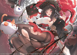 Rule 34 | 1girl, :3, azur lane, book, breasts, brown footwear, brown hair, brown pantyhose, cross, eyepatch, fang, feet out of frame, from below, hat, holding, holding book, iron cross, large breasts, long hair, looking at viewer, meowfficer (azur lane), official art, open mouth, panties, panties under pantyhose, pantyhose, peragura, pirate hat, red eyes, royal fortune (azur lane), scimitar, sideboob, skin fang, solo, sword, tentacle hair, torn clothes, torn pantyhose, underwear, weapon, white panties