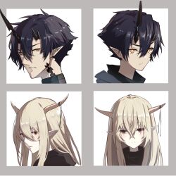 Rule 34 | 1boy, 1girl, absurdres, age progression, aged down, arknights, black hair, blonde hair, closed mouth, flamebringer (arknights), hair between eyes, highres, horn ornament, horn ribbon, horns, looking at viewer, material growth, orange eyes, oripathy lesion (arknights), parted lips, portrait, red eyes, ribbon, shining (arknights), short hair, split mouth, wn (wani-noko)