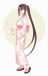 Rule 34 | 1girl, alternate costume, black hair, brown eyes, circle, floral print, full body, grey background, hand fan, highres, japanese clothes, kantai collection, kimono, long hair, nachi (kancolle), sandals, side ponytail, solo, two-tone background, very long hair, white background, white kimono, yukata, yuuji (and)