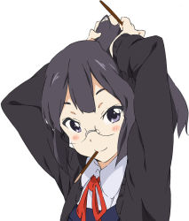 Rule 34 | 10s, 1girl, adjusting hair, arms up, asagiri shiori, blush, blush stickers, cardigan, food, glasses, hair ornament, hair stick, long hair, looking at viewer, mouth hold, open cardigan, open clothes, pocky, school uniform, short hair, simple background, smile, solo, tamako market, tying hair, umanosuke, upper body, white background