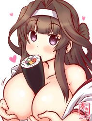 Rule 34 | 1girl, ahoge, artist logo, between breasts, black eyes, breasts, brown hair, commentary request, covering privates, covering breasts, dated, double bun, ehoumaki, fellatio, food, hair bun, hairband, heart, heart-shaped pupils, japanese clothes, kanon (kurogane knights), kantai collection, kimono, kongou (kancolle), large breasts, long hair, makizushi, off shoulder, one-hour drawing challenge, sexually suggestive, simple background, simulated fellatio, simulated paizuri, solo, sushi, symbol-shaped pupils, upper body, white background, white hairband