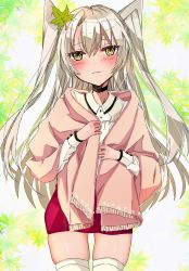Rule 34 | 1girl, alternate costume, amatsukaze (kancolle), blouse, blush, brown eyes, chigasaki yukari, commentary request, cowboy shot, hair ornament, highres, kantai collection, leaf, leaf background, leaf hair ornament, long hair, long sleeves, looking at viewer, pink shawl, red skirt, shawl, shirt, silver hair, skindentation, skirt, solo, standing, thighhighs, two side up, white background, white shirt, white thighhighs