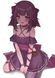 Rule 34 | 1girl, arm ribbon, bare shoulders, blush, bow, chocolate, choker, commentary, criss-cross halter, dress, english commentary, fallenshadow, flat chest, food-themed ornament, hair bow, halterneck, highres, indie virtual youtuber, john zhang, leg ribbon, looking at viewer, off-shoulder dress, off shoulder, open mouth, pink eyes, purple dress, purple hair, ribbon, short hair, simple background, single thighhigh, single wrist cuff, sitting, sketch, smile, solo, thighhighs, v arms, virtual youtuber, wariza, white background, wrist cuffs, wrist ribbon