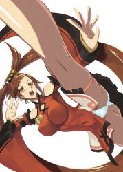Rule 34 | 1girl, arc system works, ass, breasts, brown eyes, brown hair, chinese clothes, covered navel, guilty gear, highres, ippo, kicking, kuradoberi jam, large breasts, legs, long hair, open mouth, panties, pantyshot, solo, thighs, underwear, very long hair, white panties