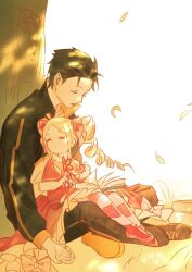 Rule 34 | 1boy, 1girl, against tree, beatrice (re:zero), black footwear, black hair, black jacket, black pants, blonde hair, book, book on lap, bow, capelet, closed eyes, crown, dress, dress bow, drill hair, fndlwm re, frilled dress, frills, fur-trimmed capelet, fur trim, grass, hair ribbon, highres, jacket, korean commentary, leaf, light rays, long hair, mini crown, multicolored clothes, multicolored jacket, natsuki subaru, neck ribbon, open book, open mouth, pants, pantyhose, parted bangs, pink bow, pink ribbon, re:zero kara hajimeru isekai seikatsu, red capelet, red dress, ribbon, shoes, short hair, sidelocks, sitting, sitting on lap, sitting on person, sleeping, sleeping on person, sneakers, sunbeam, sunlight, thighhighs, track jacket, track pants, tree, twin drills, two-tone jacket, white background, white jacket, wide sleeves, wind