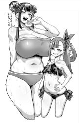 Rule 34 | arm behind back, asymmetrical bangs, bikini, blunt bangs, breasts, clenched teeth, collarbone, condom, condom wrapper, cropped legs, dekosukentr, double bun, greyscale, hair bun, hair ribbon, half-closed eyes, hand on own hip, holding, holding condom, huge breasts, looking at viewer, monochrome, navel, nue on onmyouji, open mouth, ribbon, side-tie bikini bottom, side ponytail, sidelocks, simple background, size difference, small breasts, smile, sweat, swimsuit, teeth, white background