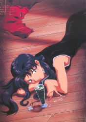 Rule 34 | 1girl, bare arms, bare shoulders, black dress, black eyes, closed mouth, cross, cross necklace, cup, dress, drink, drinking glass, drinking straw, dutch angle, earrings, greek cross, highres, holding, holding jewelry, holding necklace, jewelry, unworn jewelry, katsuragi misato, long hair, looking at viewer, lying, necklace, unworn necklace, neon genesis evangelion, official art, on floor, on stomach, parted bangs, purple hair, scan, sleeveless, sleeveless dress, smile, solo, stud earrings, wooden floor