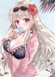 Rule 34 | 1girl, beach, bikini, black bikini, blush, braid, breasts, brown hair, choker, cleavage, collarbone, commentary, copyright request, drawstring, eating, eyewear on head, flower, food, food in mouth, hair flower, hair ornament, halterneck, hibiscus, highres, holding, holding food, jacket, large breasts, long hair, long sleeves, looking at viewer, open clothes, open jacket, pink choker, pink jacket, popsicle, red eyes, red flower, solo, sousouman, string bikini, sunglasses, swimsuit, upper body