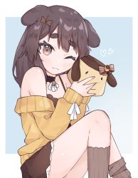 1girl absurdres animal_ears bell black_choker breasts brown_dress brown_eyes brown_hair choker cleavage commentary dog_ears dog_girl dress english_commentary highres inukai_purin looking_at_viewer lucabassiart neck_bell off_shoulder one_eye_closed sitting small_breasts smile solo sweater tsunderia virtual_youtuber yellow_sweater