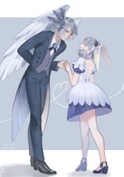 Rule 34 | 1boy, 1girl, :d, alternate costume, brother and sister, closed mouth, dancing, dress, formal, full body, grey background, height difference, highres, kallian antiqua, melia antiqua, mirin., open mouth, short hair, siblings, silver hair, smile, standing, xenoblade chronicles 1, xenoblade chronicles (series)
