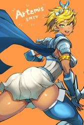 Rule 34 | 1girl, ancient greek clothes, armor, artemis (megami tensei), artemis (shin megami tensei), ass, blonde hair, cropped legs, dark-skinned female, dark skin, english text, gauntlets, greco-roman clothes, highres, looking at viewer, name connection, nuezou, orange background, running, shin megami tensei, shin megami tensei v, short hair, simple background, skirt, solo, yellow eyes
