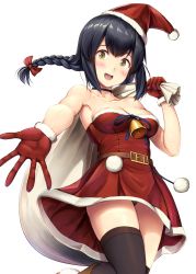Rule 34 | 1girl, :d, alternate costume, bad id, bad twitter id, bare arms, bare shoulders, bell, belt, belt buckle, black hair, black panties, black thighhighs, blue ribbon, bobblehat, bow, braid, breasts, brown eyes, buckle, carrying over shoulder, cleavage, collarbone, commentary request, dress, fur-trimmed gloves, fur trim, gloves, hair bow, hat, highres, ichikawa feesu, isonami (kancolle), kantai collection, leg up, long hair, medium breasts, open mouth, outstretched arm, over shoulder, panties, pantyshot, pom pom (clothes), reaching, reaching towards viewer, red bow, red dress, red gloves, red hat, ribbon, sack, santa hat, sidelocks, simple background, smile, solo, spread fingers, standing, standing on one leg, strapless, strapless dress, tareme, thighhighs, twin braids, underwear, upskirt, white background