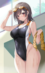 Rule 34 | 1girl, black one-piece swimsuit, blush, brown hair, collarbone, commentary request, competition swimsuit, covered navel, goggles, goggles on head, harimoji, highres, looking at viewer, one-piece swimsuit, open mouth, original, red eyes, short hair, solo, swimsuit, thighs, wet, wet clothes, wet hair, wet swimsuit