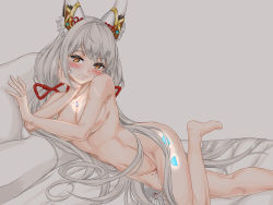 Rule 34 | 1girl, animal ears, bad id, bad pixiv id, blood, blush, breasts, cat ears, cat girl, closed mouth, covered navel, detached sleeves, facial mark, fang, gloves, highres, large breasts, long hair, looking at viewer, nia (blade) (xenoblade), nia (xenoblade), nintendo, nude, open mouth, orange eyes, silver hair, smile, solo, thighhighs, thighs, twintails, very long hair, white-paka, white gloves, xenoblade chronicles (series), xenoblade chronicles 2