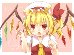 Rule 34 | 1girl, animal ears, ascot, blonde hair, blush, bow, cat ears, cat girl, clenched hand, colored eyelashes, fang, female focus, flandre scarlet, frown, hat, hat bow, kemonomimi mode, maruki (punchiki), nyan, open mouth, paw pose, red eyes, short hair, side ponytail, solo, touhou, upper body, wings
