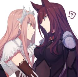 Rule 34 | 2girls, ?, aoki shizumi, bad id, bad pixiv id, blush, bodysuit, collar, elbow gloves, face-to-face, fate/grand order, fate (series), from side, gloves, holding, kemonomimi mode, leash, long hair, medb (fate), medb (fate), multiple girls, pink hair, purple bodysuit, purple hair, red eyes, scathach (fate), scathach (fate), short sleeves, simple background, smile, spoken question mark, straight hair, tiara, upper body, wavy hair, white background, yellow eyes, yuri