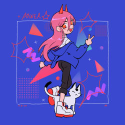 Rule 34 | 1girl, animal, artist name, black pants, blue background, blue jacket, cat, chainsaw man, character name, cross-shaped pupils, demon horns, full body, hair between eyes, highres, horns, jacket, lodrws, long hair, long sleeves, looking at viewer, looking back, nail polish, open mouth, pants, pink hair, power (chainsaw man), red eyes, red horns, red nails, sharp teeth, shirt, shoes, simple background, smile, sneakers, solo, standing, symbol-shaped pupils, teeth, v, white cat, white footwear, white shirt