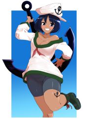 Rule 34 | 1girl, absurdres, anchor, anchor symbol, bike shorts, black shorts, blue eyes, blue hair, blush, boots, breasts, cleavage, commentary request, cookie (touhou), dark-skinned female, dark skin, foot out of frame, green footwear, grin, hat, highres, long sleeves, looking at viewer, medium breasts, milk (cookie), murasa minamitsu, neckerchief, red neckerchief, remote controller 4, sailor collar, sailor hat, sailor shirt, shirt, short hair, shorts, smile, solo, touhou