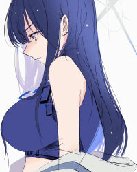 Rule 34 | 1girl, blue archive, blue hair, blue shirt, breasts, chest harness, crop top, dark blue hair, from side, grey eyes, halo, harness, highres, large breasts, light blush, long hair, looking ahead, parted lips, quatraise, saori (blue archive), shirt, simple background, sleeveless, sleeveless shirt, solo, underbust, unfinished, upper body, white background