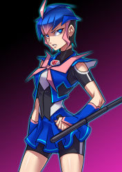 Rule 34 | 1girl, ahoge, arcee, arcee (prime), autobot, bike shorts, bike shorts under skirt, black hair, blue eyes, blue hair, contrapposto, gradient background, gradient hair, highres, holding, holding weapon, matching hair/eyes, miniskirt, multicolored hair, personification, pink background, pink hair, profile, ryuusei (mark ii), serious, short hair, shorts, shorts under skirt, skirt, solo, standing, tonfa, transformers, transformers prime, turtleneck, weapon