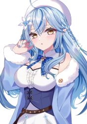 Rule 34 | 1girl, ahoge, belt, beret, blue bow, blue bowtie, blue coat, blue corset, blue flower, blue hair, blue nails, bow, bowtie, braid, breasts, brown belt, center frills, cleavage cutout, clothing cutout, coat, corset, elf, flower, frills, fur-trimmed coat, fur-trimmed sleeves, fur trim, haaa gio, hair between eyes, hair flower, hair ornament, hand up, hat, highres, hololive, large breasts, long hair, looking at viewer, multicolored hair, off shoulder, open clothes, open coat, open mouth, pointy ears, shirt, simple background, sleeveless, sleeveless shirt, solo, streaked hair, underbust, upper body, virtual youtuber, white background, white flower, white hat, white shirt, yellow eyes, yukihana lamy