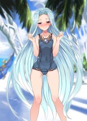 Rule 34 | 1girl, absurdres, ahoge, beach, blue eyes, blue hair, blush, breasts, cameltoe, cloud, covered navel, day, forehead, granblue fantasy, harigane shinshi, heart, heart-shaped pupils, highres, long hair, lyria (granblue fantasy), one-piece swimsuit, outdoors, palm tree, small breasts, smile, solo, swimsuit, symbol-shaped pupils, tree, very long hair