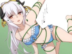 Rule 34 | bad id, bad pixiv id, blush, breasts, brown hair, cleavage, collarbone, fate/grand order, fate (series), heart, highres, horns, kiyohime (fate), kiyohime (fate/grand order), kiyohime (swimsuit lancer) (fate), kiyohime (swimsuit lancer) (third ascension) (fate), large breasts, long hair, looking at viewer, navel, parted lips, ramchi, smile, solo, swimsuit, thighs, translated, white hair