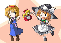 Rule 34 | 2girls, ;d, alice margatroid, apron, blonde hair, blue dress, blush, braid, capelet, doll, dress, female focus, flying, frills, full body, hat, head tilt, kirisame marisa, long hair, looking to the side, multiple girls, neki-t, one eye closed, open mouth, orange hair, outstretched arm, puffy short sleeves, puffy sleeves, short hair, short sleeves, single braid, size difference, smile, standing, touhou, waist apron, witch hat